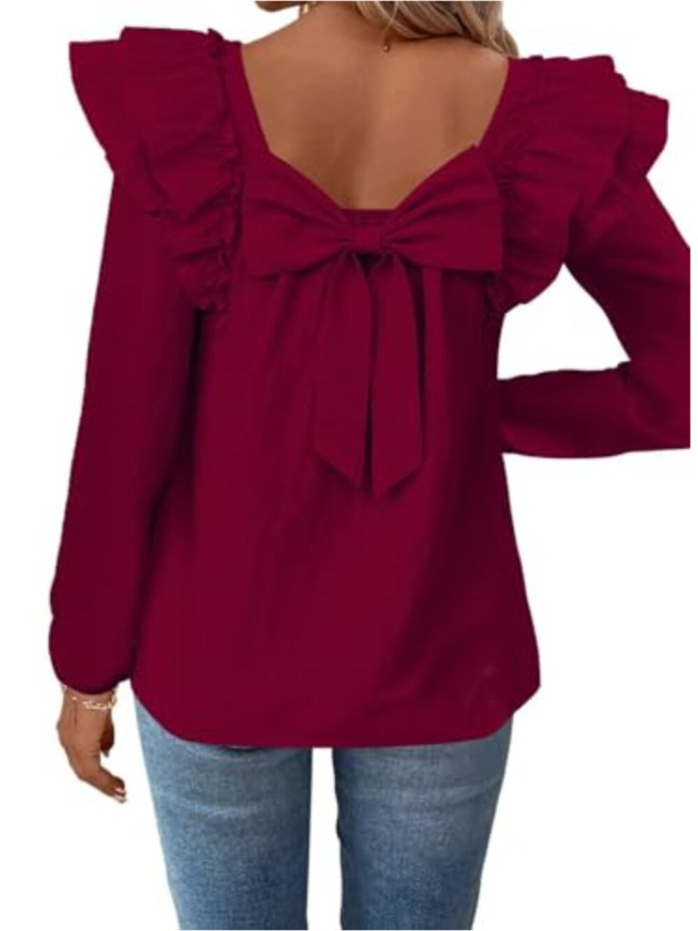 Womens Bow Tie Back Babydoll Blouse Square Neck Ruffled Long Sleeve Shirt